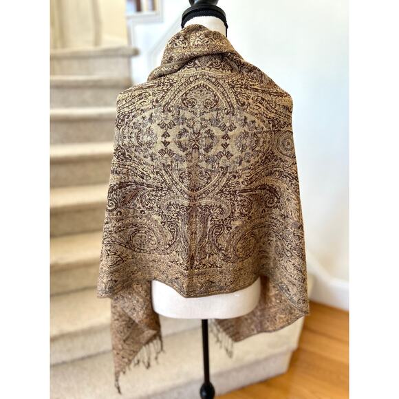 Pashmina Paisley Tan, Chocolate Brown, Metallic Gold Thread Scarf Shawl Wrap - Picture 2 of 4